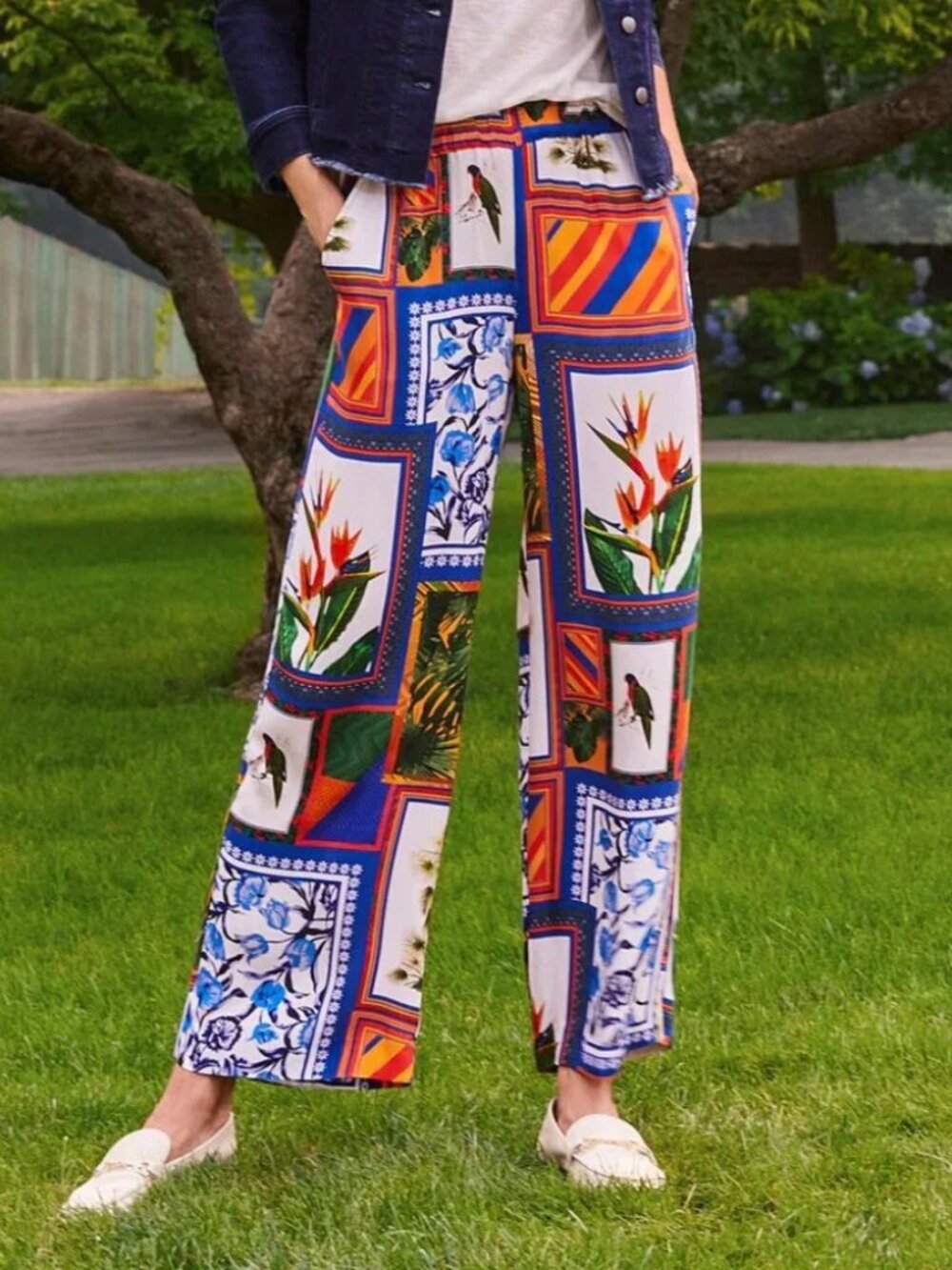 Crosby. Cartolina Tropical Patchwork Palazzo Pants XS Maximalist Resortwear